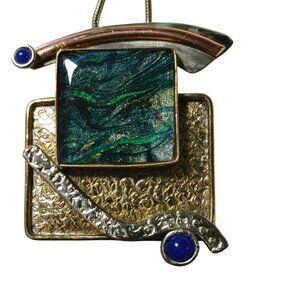 Modernist Abstract Necklace Pin Brooch Vintage Blue Green Mixed Metal Glass